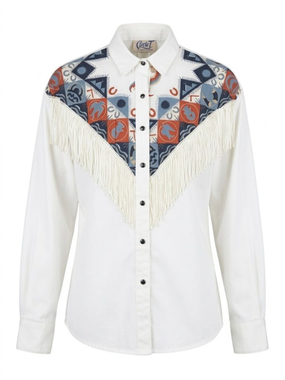 Vintage Western Fringe Top Small Blue Southwest Print Coastal Cowgirl Tassel S